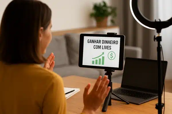 ganhar-dinheiro-com-livespessoa apresentando uma live em casa com notebook e ring light em ambiente moderno