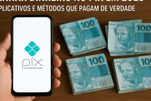 ganhar-dinheiro-no-pix Mão segurando um celular com o logo do Pix sobre notas de 100 reais, representando formas de ganhar dinheiro no Pix