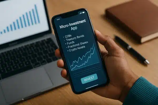 Pessoa usando aplicativo de micro investimento no celular em 2025