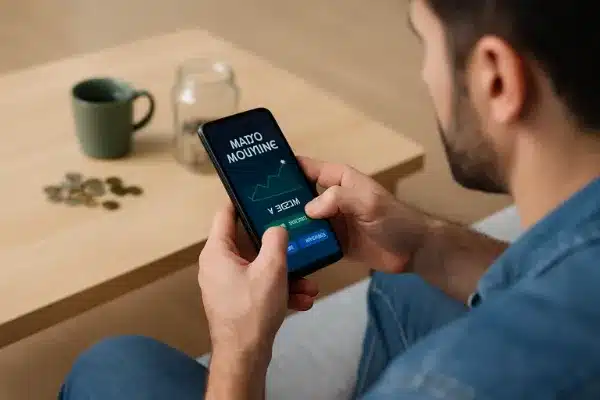 Aplicativos de Micro Investimento Mão segurando um celular exibindo gráfico de crescimento financeiro