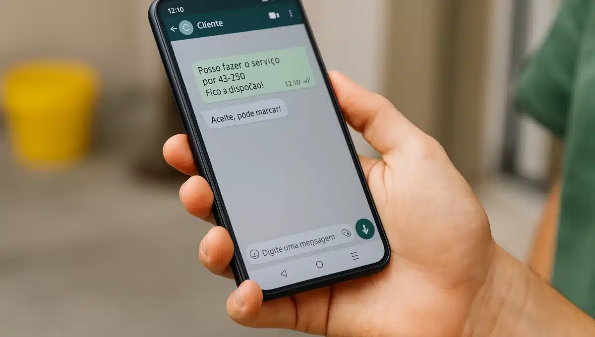 Serviços locais pelo whatsapp em 2025. Mão segurando celular com conversa no WhatsApp sobre contratação de serviço local.