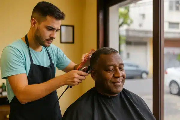 ganhar-dinheiro-com-servi-os-locais-pelo-whatsapp-em-2025.Barbeiro cortando cabelo de cliente em barbearia local.