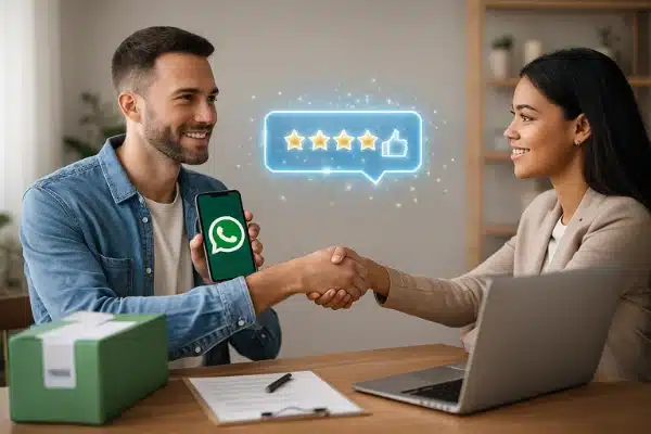 cliente apertando a mão de profissional após atendimento pelo WhatsApp, com ícone de avaliação cinco estrelas representando a importância do pós-venda.
