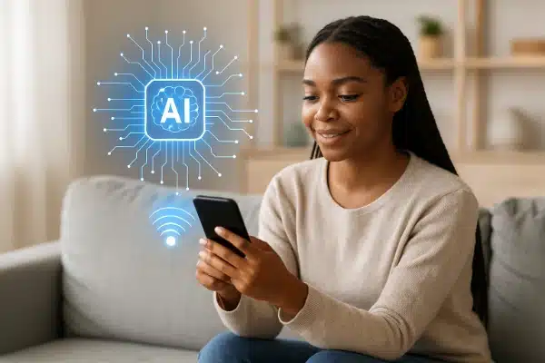 Mulher usando o celular com ícone de inteligência artificial ao lado, representando como ganhar dinheiro com inteligência artificial no celular em 2025.