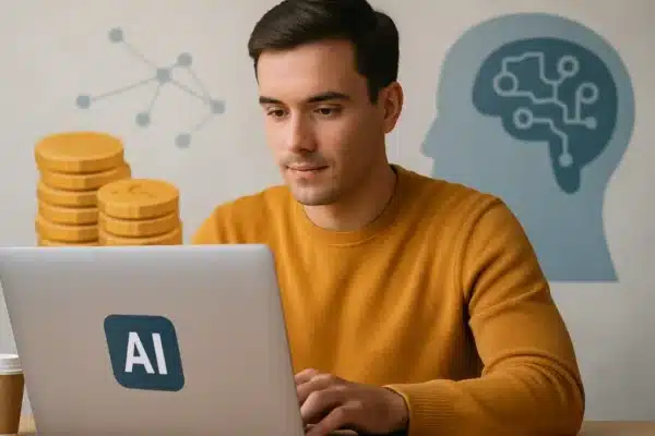 Homem usando notebook com símbolo de inteligência artificial enquanto aprende como ganhar dinheiro com inteligência artificial no celular em 2025, com ícones de tecnologia e moedas ao fundo.