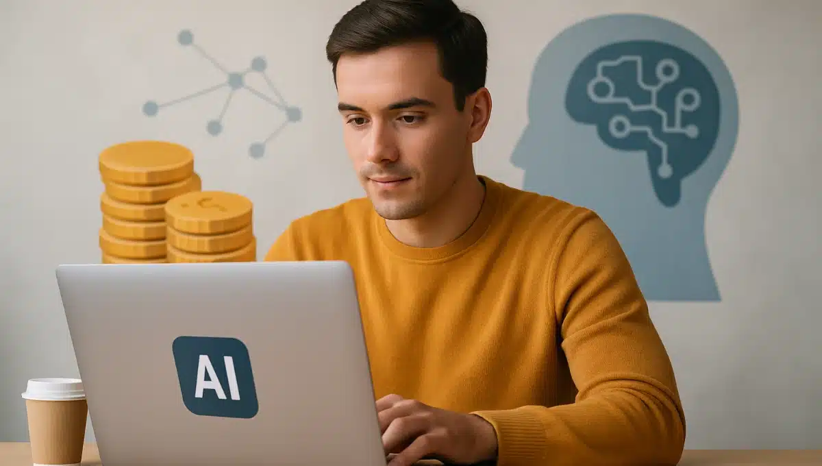 Homem usando notebook com símbolo de inteligência artificial enquanto aprende como ganhar dinheiro com inteligência artificial no celular em 2025, com ícones de tecnologia e moedas ao fundo.