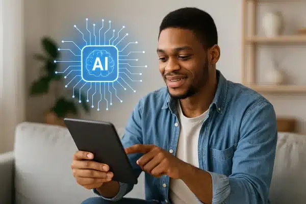 Homem usando tablet com ícone de inteligência artificial ao lado, ilustrando como ganhar dinheiro com inteligência artificial no celular em 2025.