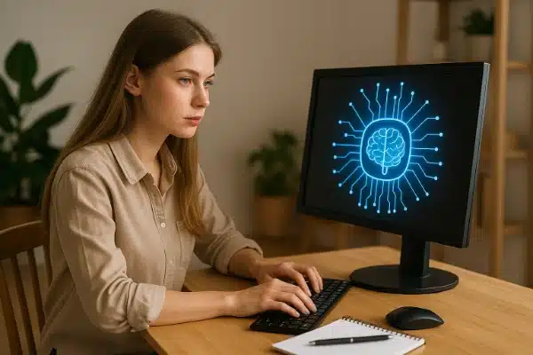 Mulher trabalhando no computador com ícone de inteligência artificial na tela, representando como ganhar dinheiro com inteligência artificial no celular em 2025.