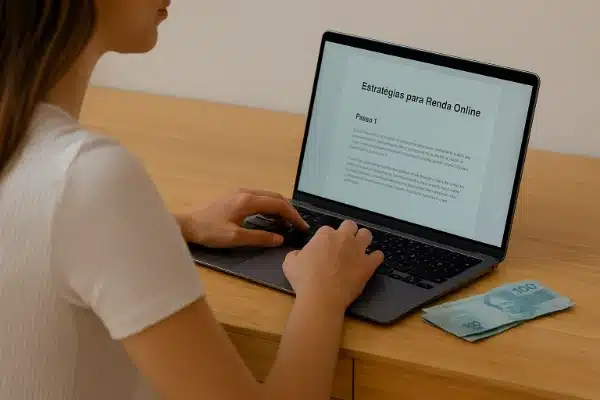 pessoa trabalhando no notebook com dinheiro ao lado representando renda extra no digital em 2026 sem aparecer