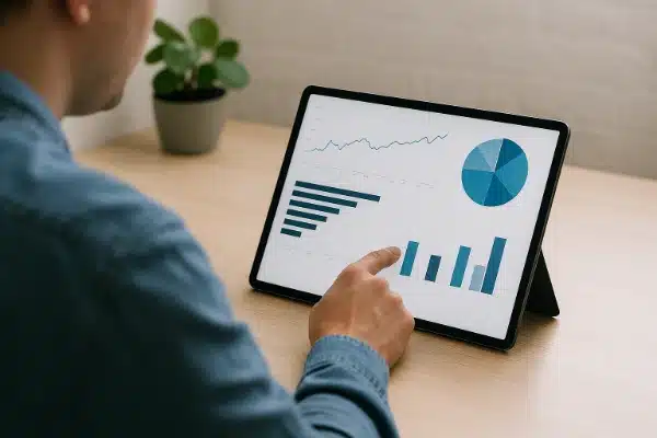 Renda Extra no Digital em 2026.pessoa analisando dados e gráficos no tablet representando planejamento de renda digital
