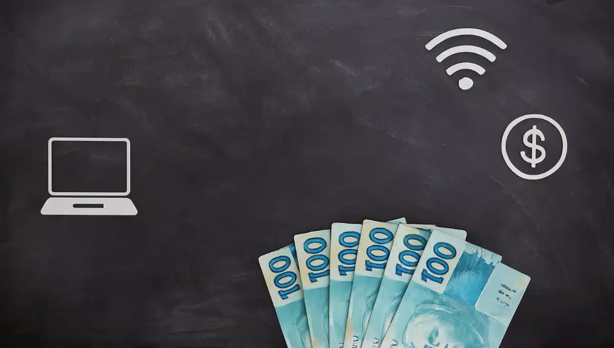 Notas de 100 reais ao lado de um notebook representando renda extra no digital em 2026