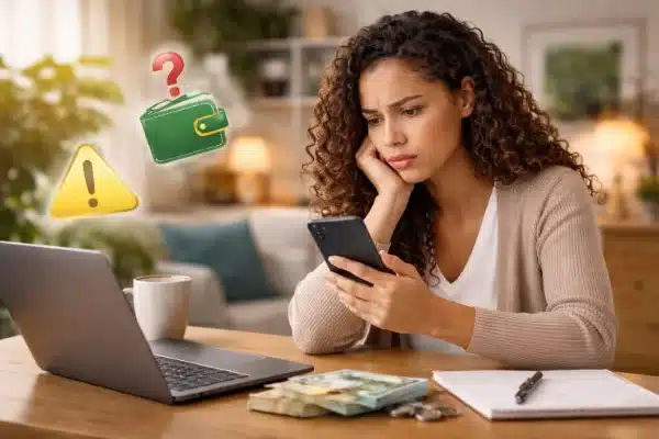 pessoa com dúvidas sobre trabalhos online simples que pagam no pix usando celular e notebook