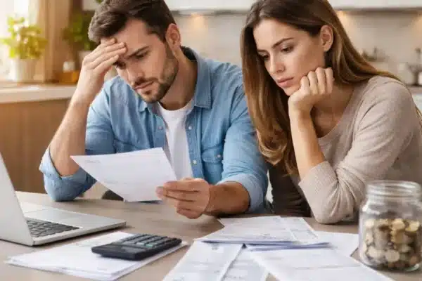 Casal analisando contas e empréstimo pessoal em 2026 com preocupação sobre juros altos