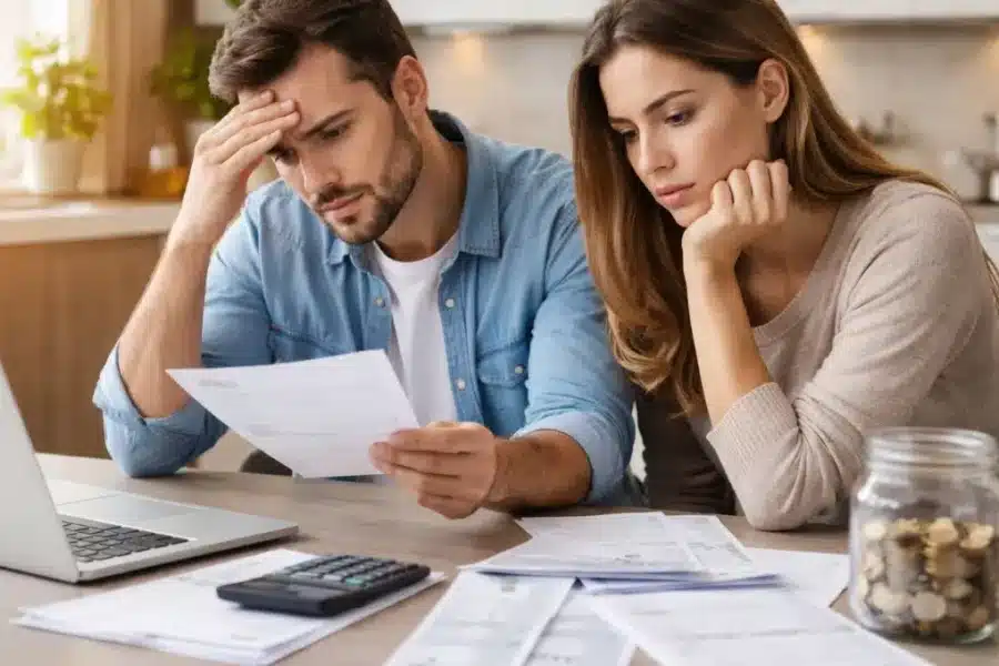 Casal analisando contas e empréstimo pessoal em 2026 com preocupação sobre juros altos