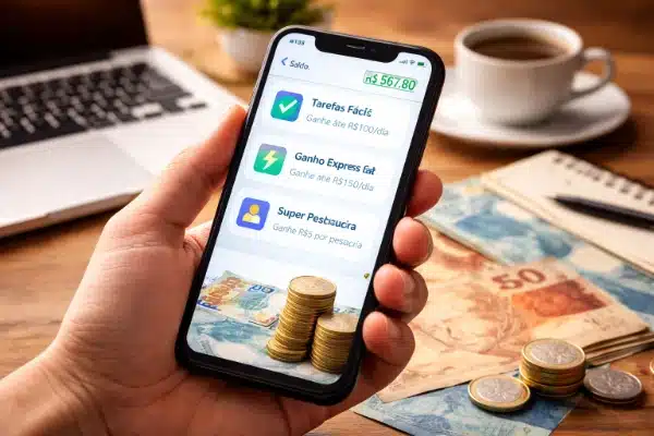 Celular exibindo aplicativos que pagam via Pix, representando formas reais de ganhar dinheiro no Pix em 2026