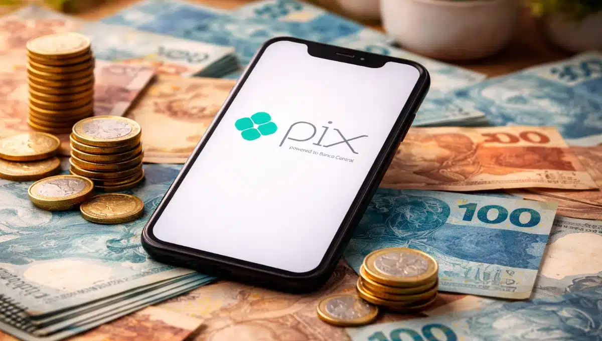 Smartphone exibindo o Pix sobre cédulas de real, representando ganhar dinheiro no Pix de verdade em 2026