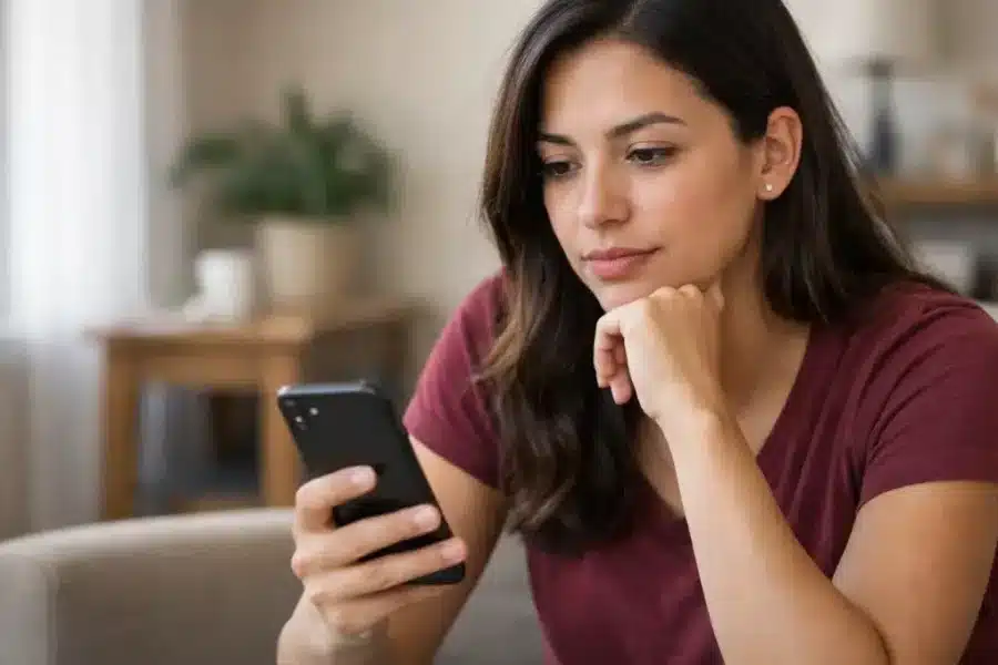 Pessoa usando o celular em casa refletindo sobre a primeira semana tentando ganhar dinheiro pelo celular