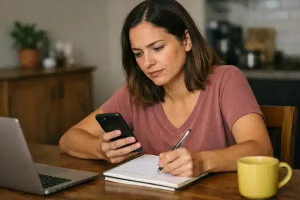 Pessoa em casa usando o celular e anotando informações durante os primeiros dias de tentativa de renda online
