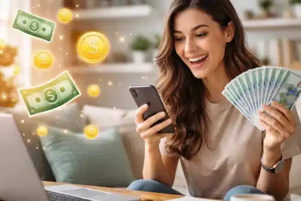 Pessoa usando o celular e avaliando quanto tempo leva para ganhar dinheiro pelo celular como renda complementar