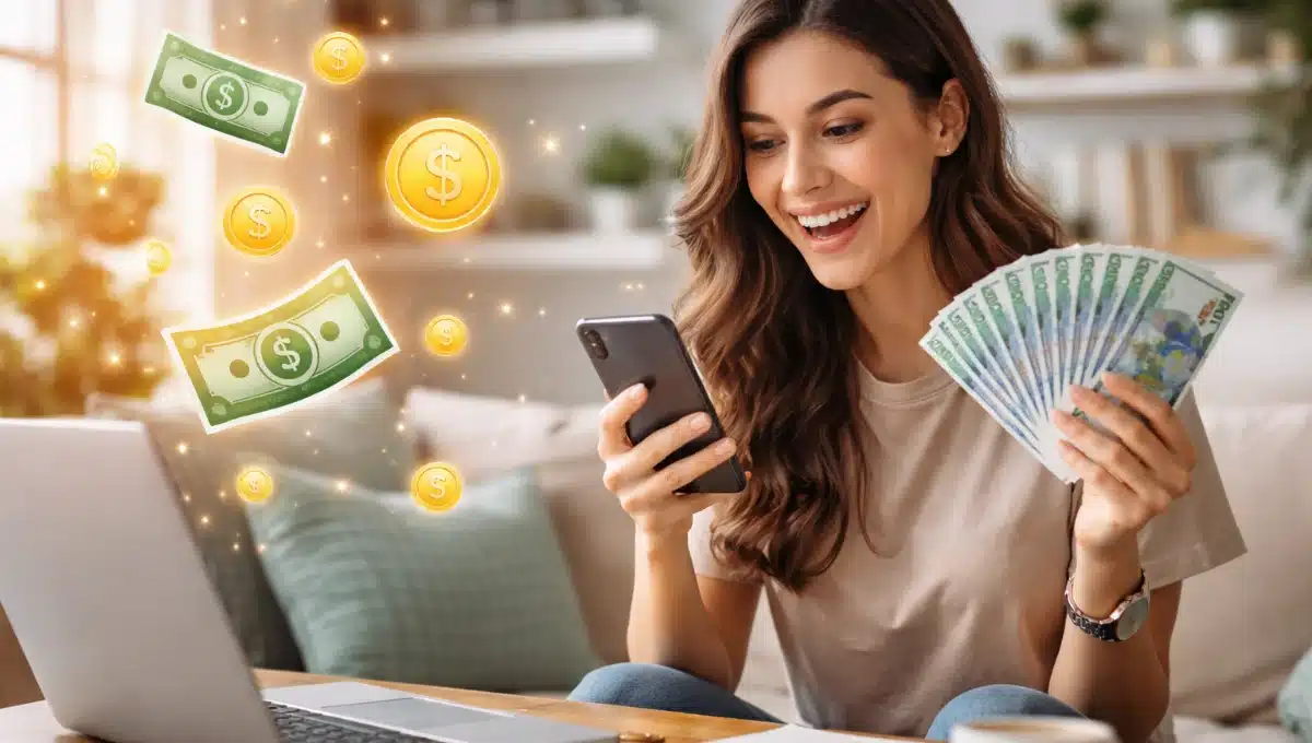 Pessoa usando o celular e avaliando quanto tempo leva para ganhar dinheiro pelo celular como renda complementar