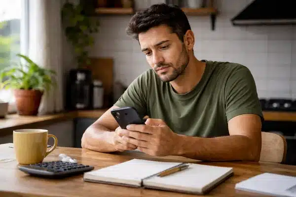 Trabalhar pelo celular em 2026 em rotina realista, com pessoa usando o celular em ambiente doméstico simples.