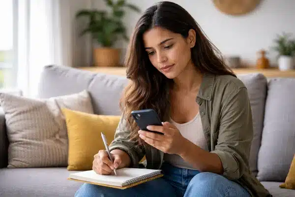 Trabalhar pelo celular em 2026 em rotina realista, com mulher usando o celular para tarefas digitais em ambiente doméstico simples.