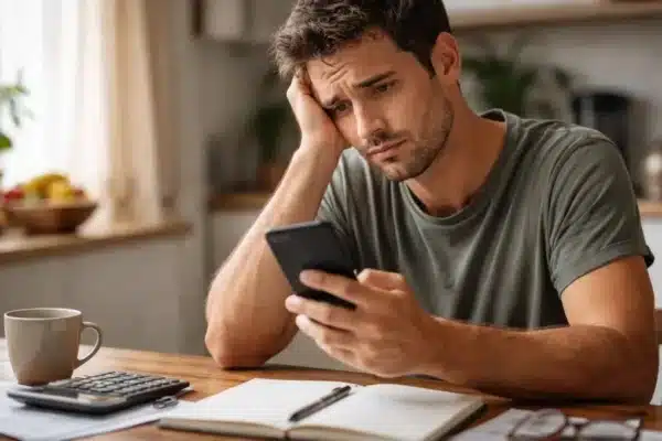 Trabalhar pelo celular em 2026 retratado por pessoa sentada à mesa em casa, olhando para o celular com expressão de dúvida.