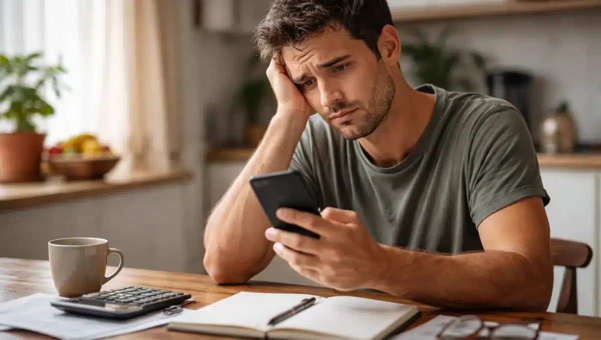 Trabalhar pelo celular em 2026 retratado por pessoa sentada à mesa em casa, olhando para o celular com expressão de dúvida.