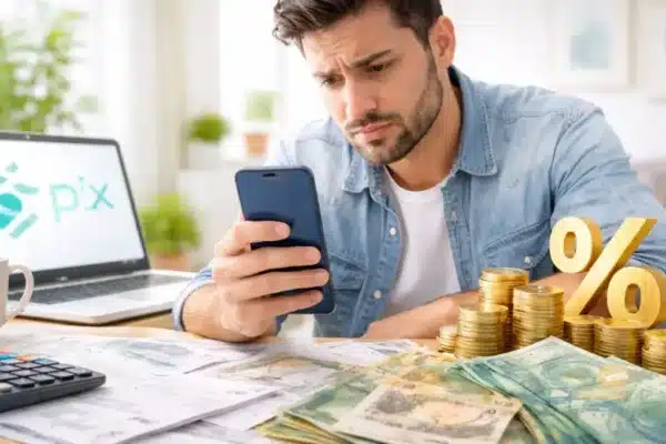 Homem analisando empréstimo no Pix em 2026 no celular com dinheiro e juros na mesa