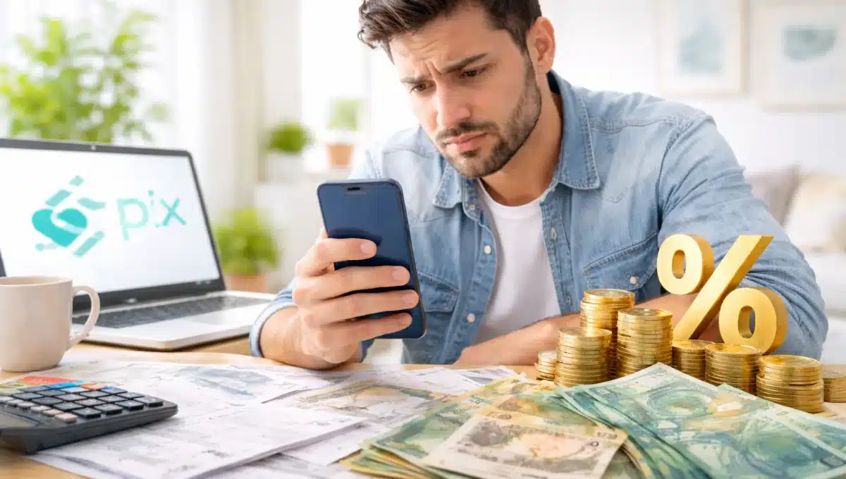 Homem analisando empréstimo no Pix em 2026 no celular com dinheiro e juros na mesa