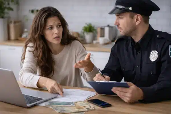 Mulher registrando reclamação com autoridade após golpe no Pix em 2026, analisando documentos e prejuízo financeiro