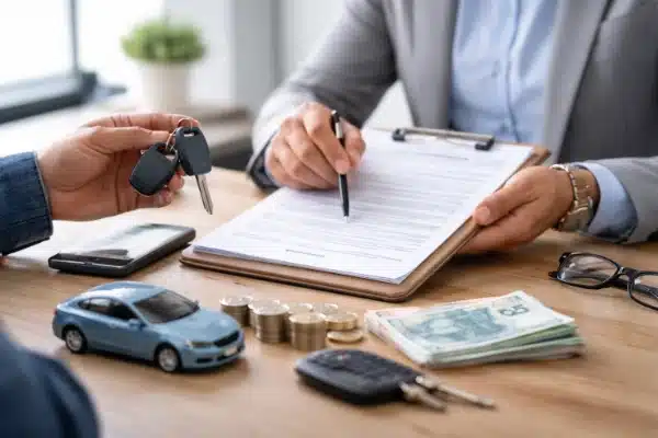 Análise de contrato e cálculo de custos na decisão entre financiamento ou consórcio para compra de veículo.