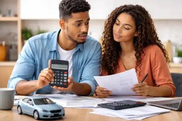 Casal analisando documentos e calculadora para decidir entre financiamento ou consórcio na compra de veículo.