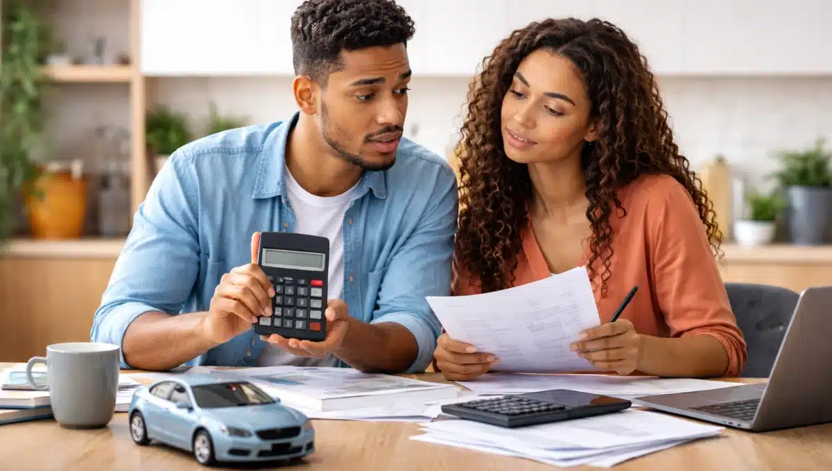 Casal analisando documentos e calculadora para decidir entre financiamento ou consórcio na compra de veículo.