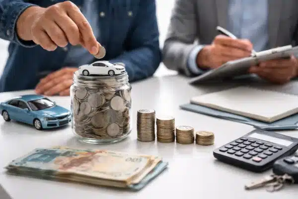 Planejamento financeiro com moedas e calculadora na decisão entre financiamento ou consórcio.