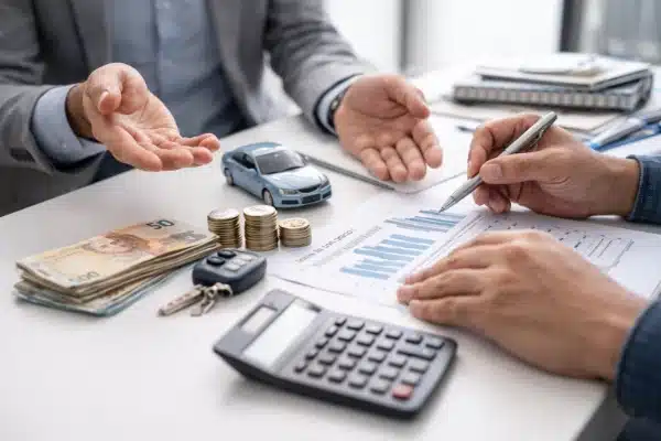 Simulação de custos com calculadora e documentos para decidir entre financiamento ou consórcio.