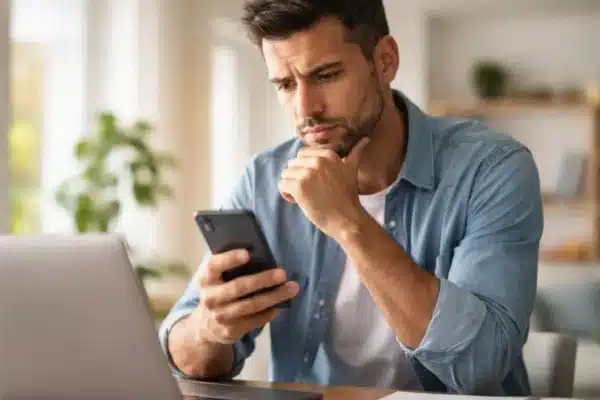Homem brasileiro analisando oportunidades para ganhar dinheiro na internet em 2026 usando celular e notebook em casa