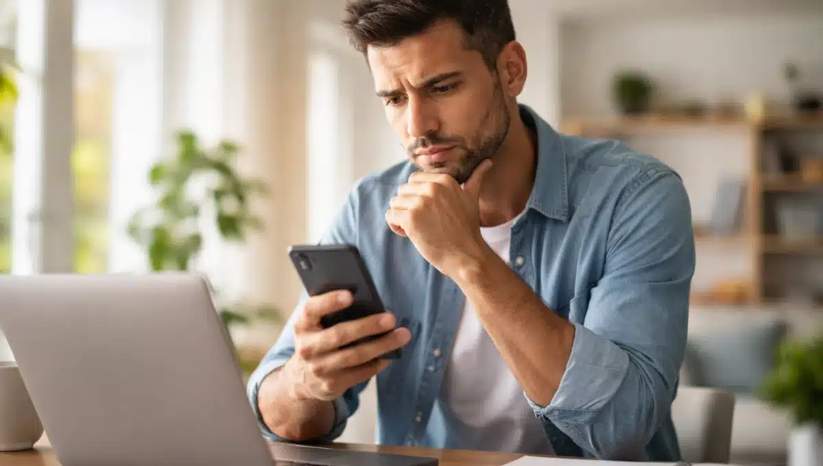 Homem brasileiro analisando oportunidades para ganhar dinheiro na internet em 2026 usando celular e notebook em casa