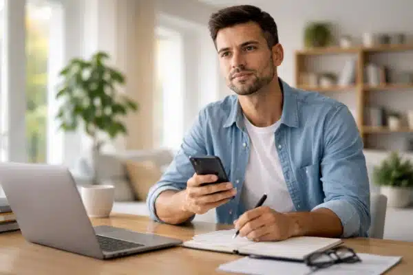 Homem brasileiro trabalhando online com celular e caderno para ganhar dinheiro na internet em 2026 de forma organizada