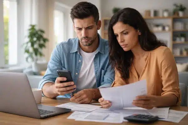 Casal brasileiro analisando documentos e celular para ganhar dinheiro na internet em 2026 com segurança