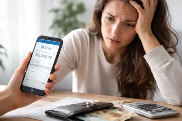 Mulher preocupada analisando prejuízo após golpe no Pix em 2026 no celular e documentos financeiros