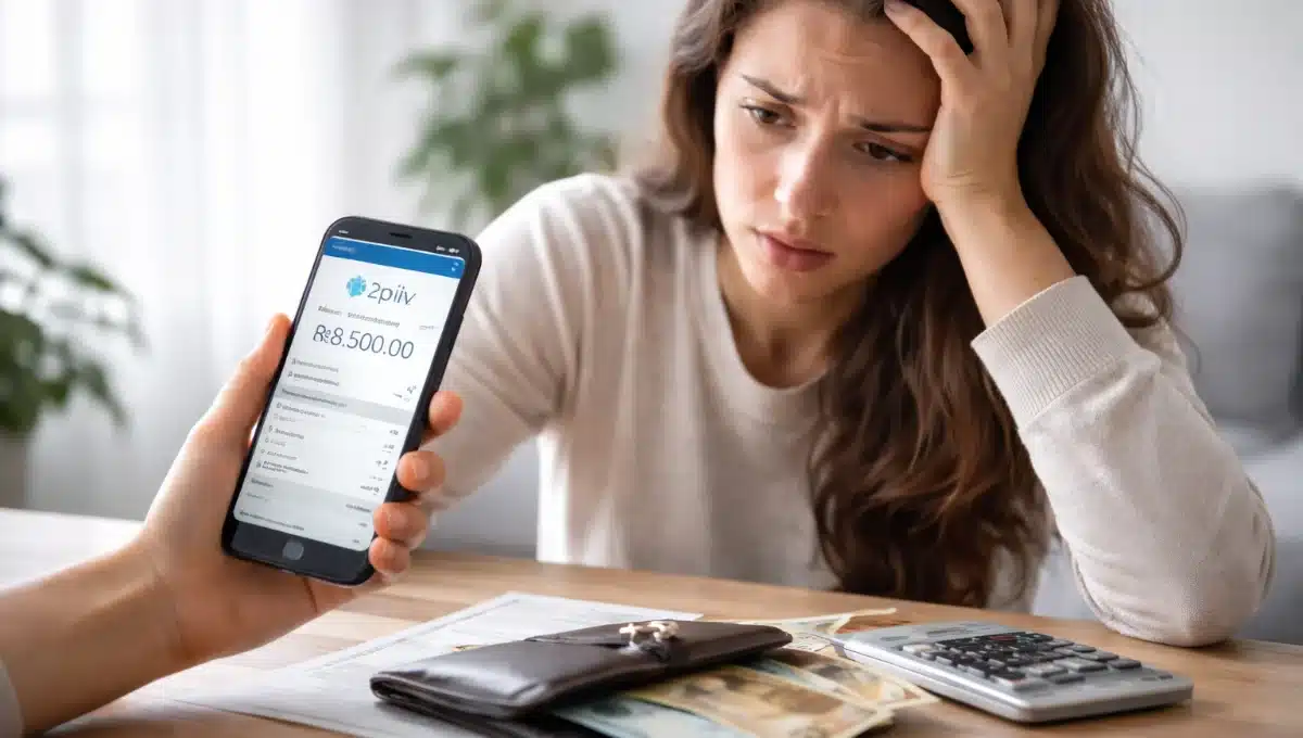 Mulher preocupada analisando prejuízo após golpe no Pix em 2026 no celular e documentos financeiros