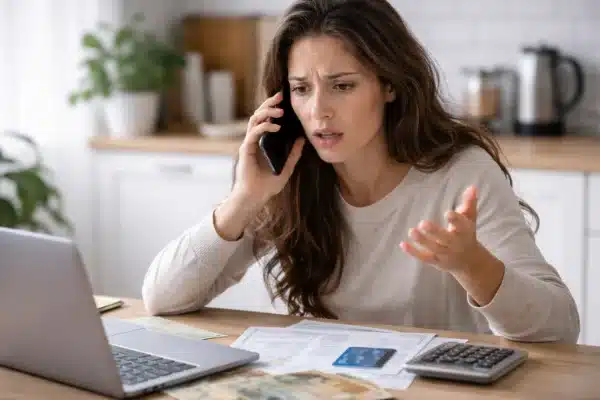 Mulher reclamando com o banco ao telefone após golpe no Pix em 2026, com documentos e calculadora na mesa