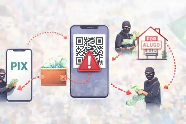 Imagem representando golpes no Carnaval 2026, com cenário de festa ao fundo e elementos de fraude envolvendo Pix, QR Code e aluguel falso.