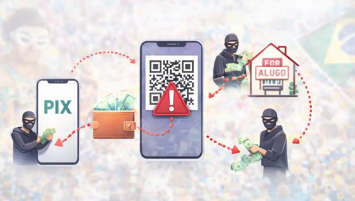 Imagem representando golpes no Carnaval 2026, com cenário de festa ao fundo e elementos de fraude envolvendo Pix, QR Code e aluguel falso.
