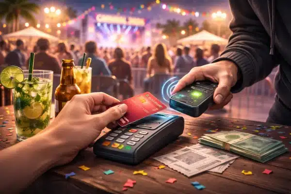 Pagamento por aproximação em ambiente de Carnaval, representando risco de golpes no Carnaval 2026 com cartão contactless.