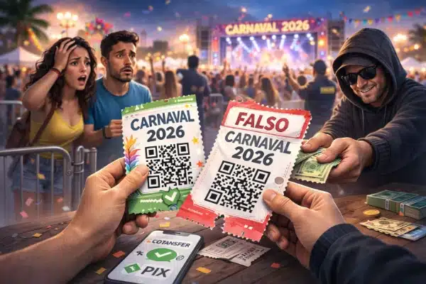 Casal percebendo ingresso falso em ambiente de festa, ilustrando riscos de golpes no Carnaval 2026 com venda de entradas fraudulentas.