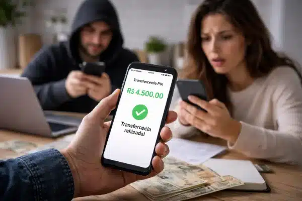 Pessoa observando transferência Pix confirmada enquanto outra é enganada por golpista em ambiente doméstico