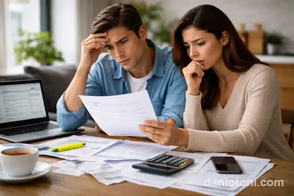 Casal revisando documentos e identificando erros que fazem você pagar mais imposto de renda.