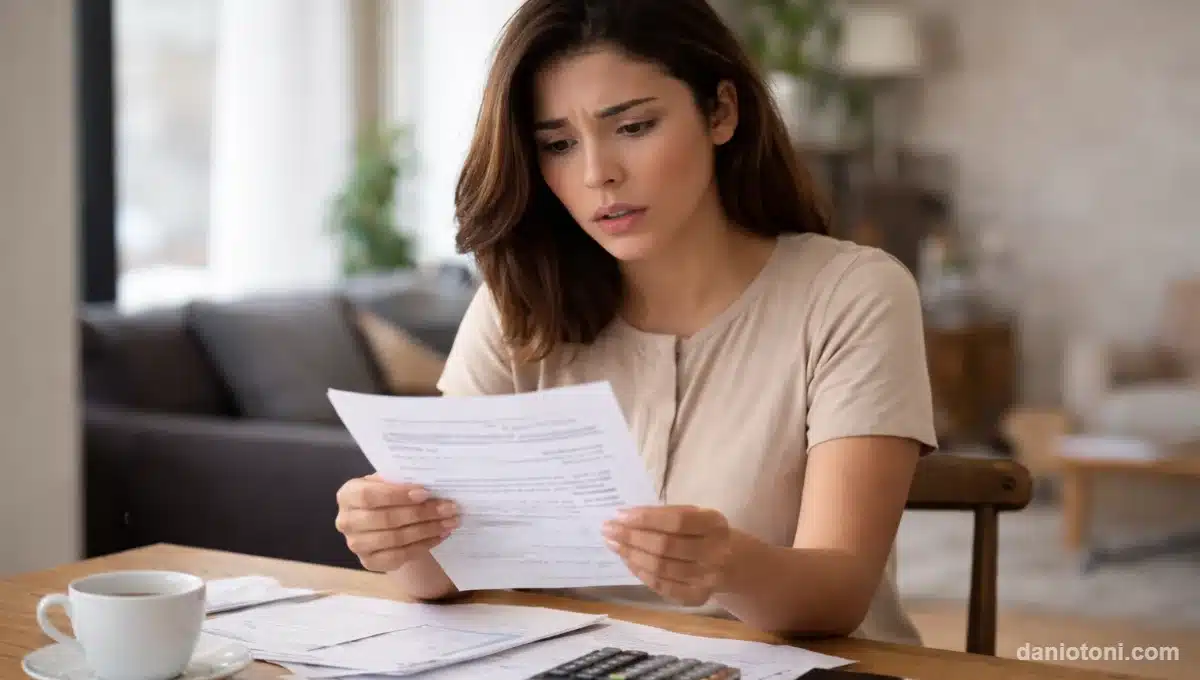 Mulher preocupada analisando documentos em casa após perceber erros que fazem você pagar mais imposto de renda.